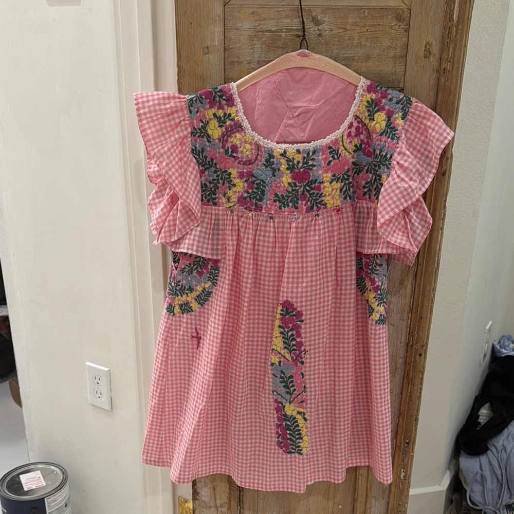 Pink Gingham Floral Embroidered Dress